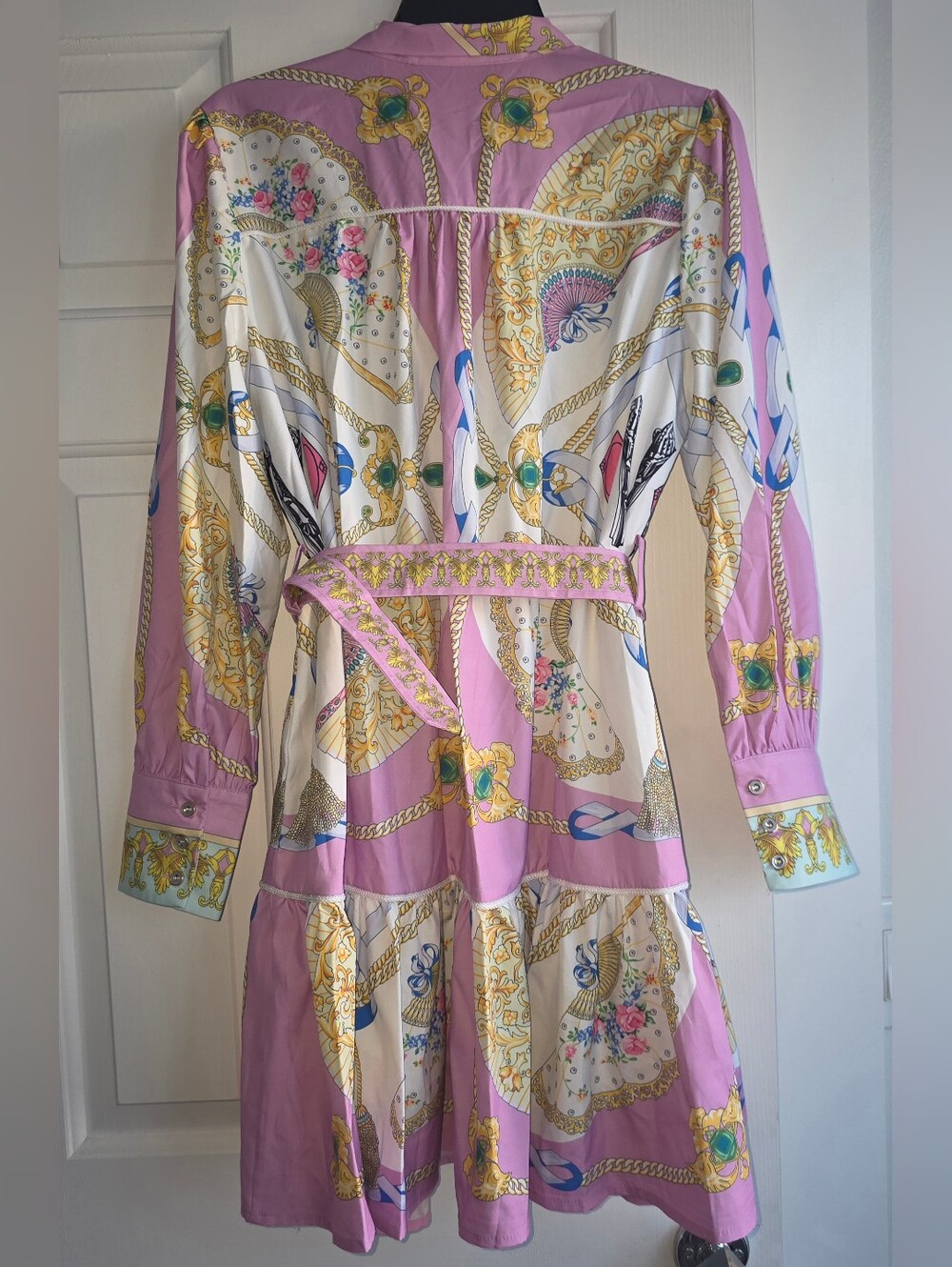 Dalia Pink Printed Tie-Neck Belted Mini Dress - Picture 6 of 6